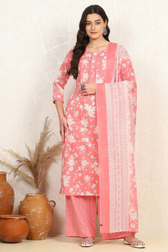 Pink Cotton Screen Print Unstitched Suit Set image number 7