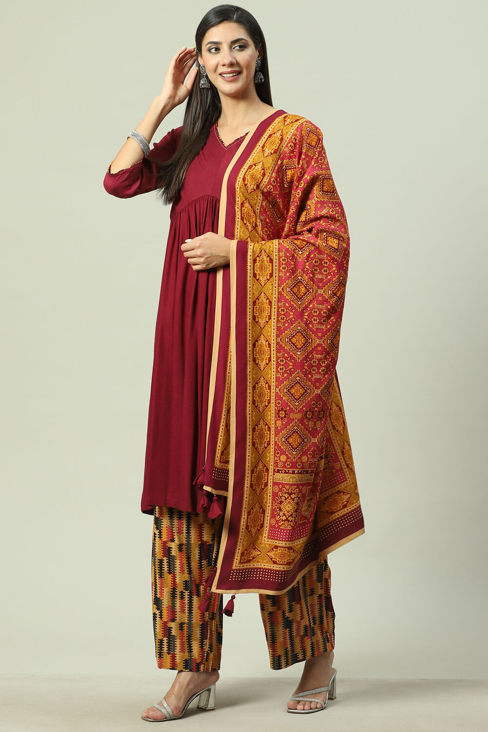 Navy LIVA A-Line Kurta Palazzo Suit Set image number 5