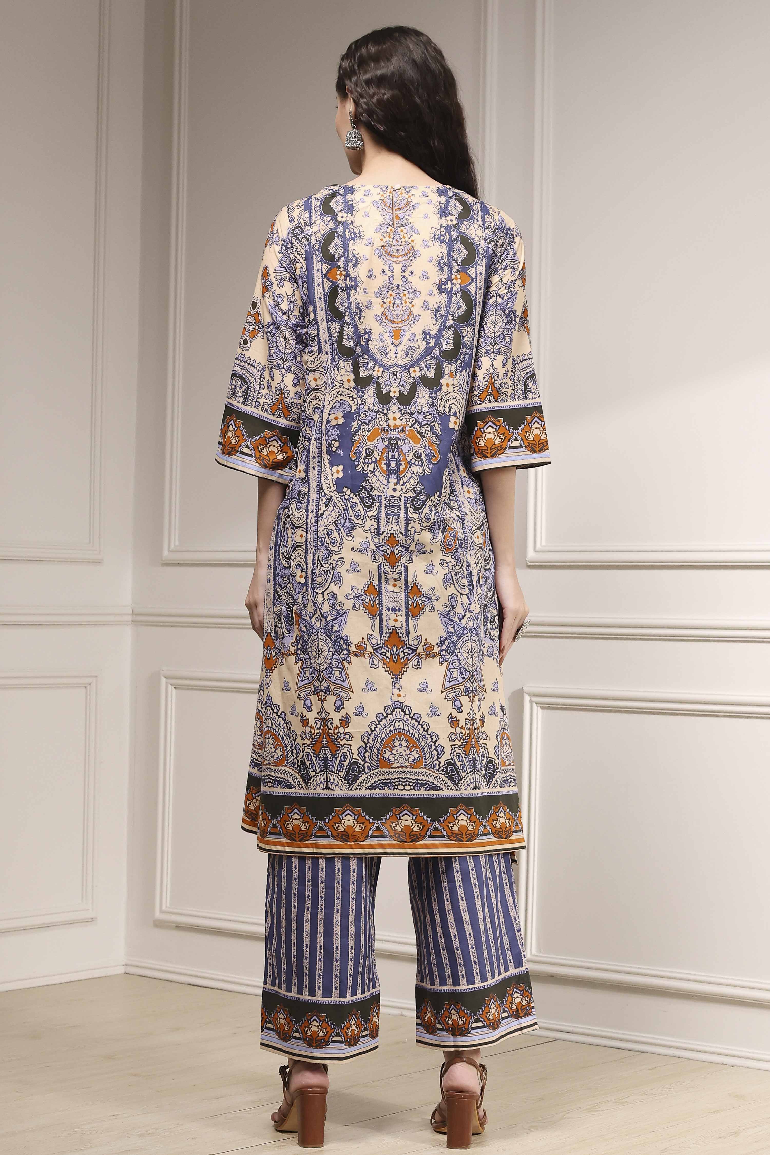 Navy Blue and Beige Cotton Straight Suit Set image number 4