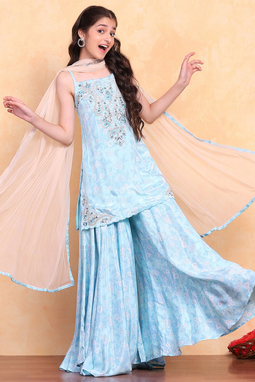 Aqua Printed Strappy Straight Suit Set image number 0