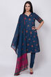 Navy Blue Cotton Straight Kurta Churidar Suit Set image number 4