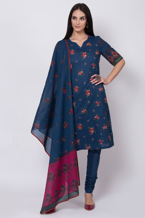 Navy Blue Cotton Straight Kurta Churidar Suit Set image number 4