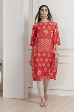 Orange Cotton Printed Straight Kurta