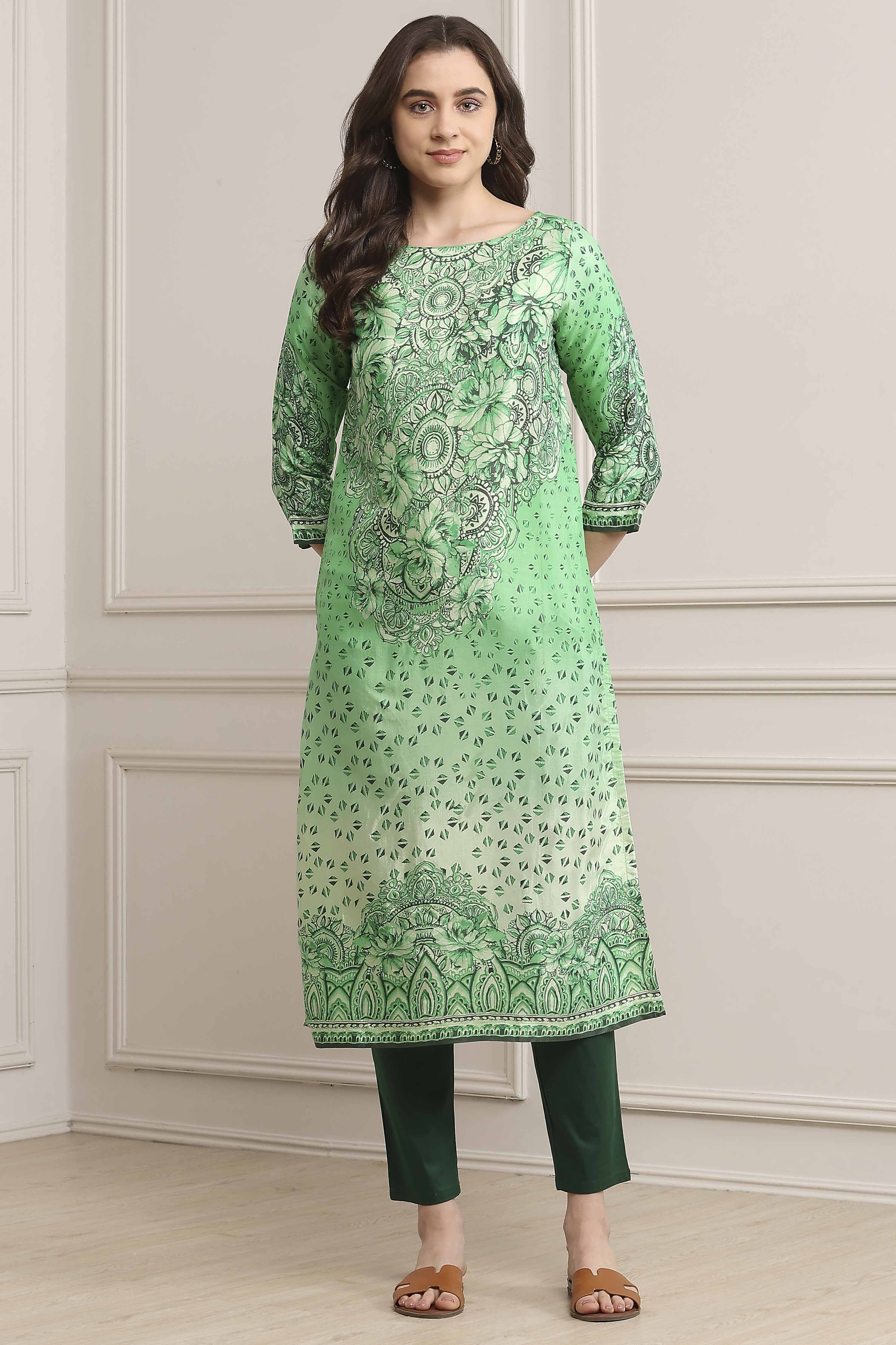 Green LIVA Straight Printed Kurta image number 5