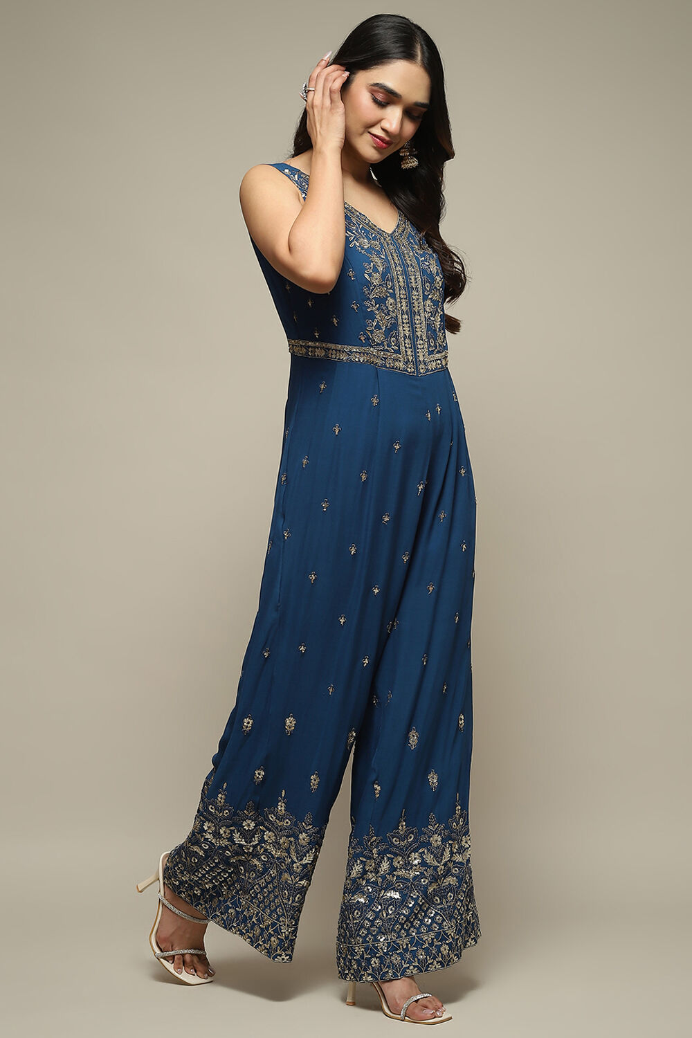 Blue Embroidered Straight Jumpsuit image number 4
