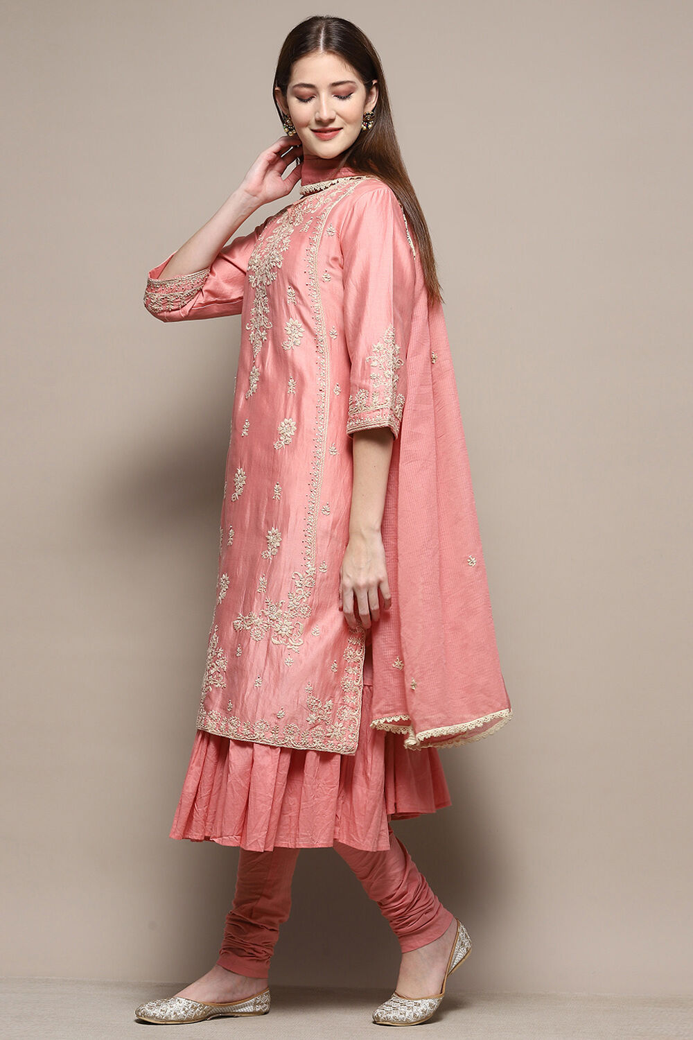 Peach Cotton Blend Layered Kurta Churidar Suit Set image number 4