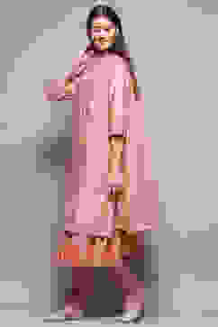 Peach Cotton Blend Layered Kurta Churidar Suit Set image number 4