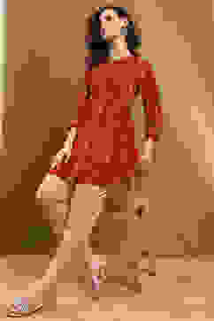 Maroon Floral Printed Gathered Short Kurta image number 0