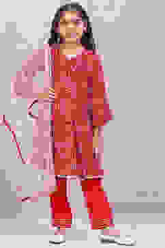 Red Rayon Front Open Kurta Regular Pants Suit Set image number 0