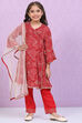 Red Rayon Front Open Kurta Regular Pants Suit Set image number 0