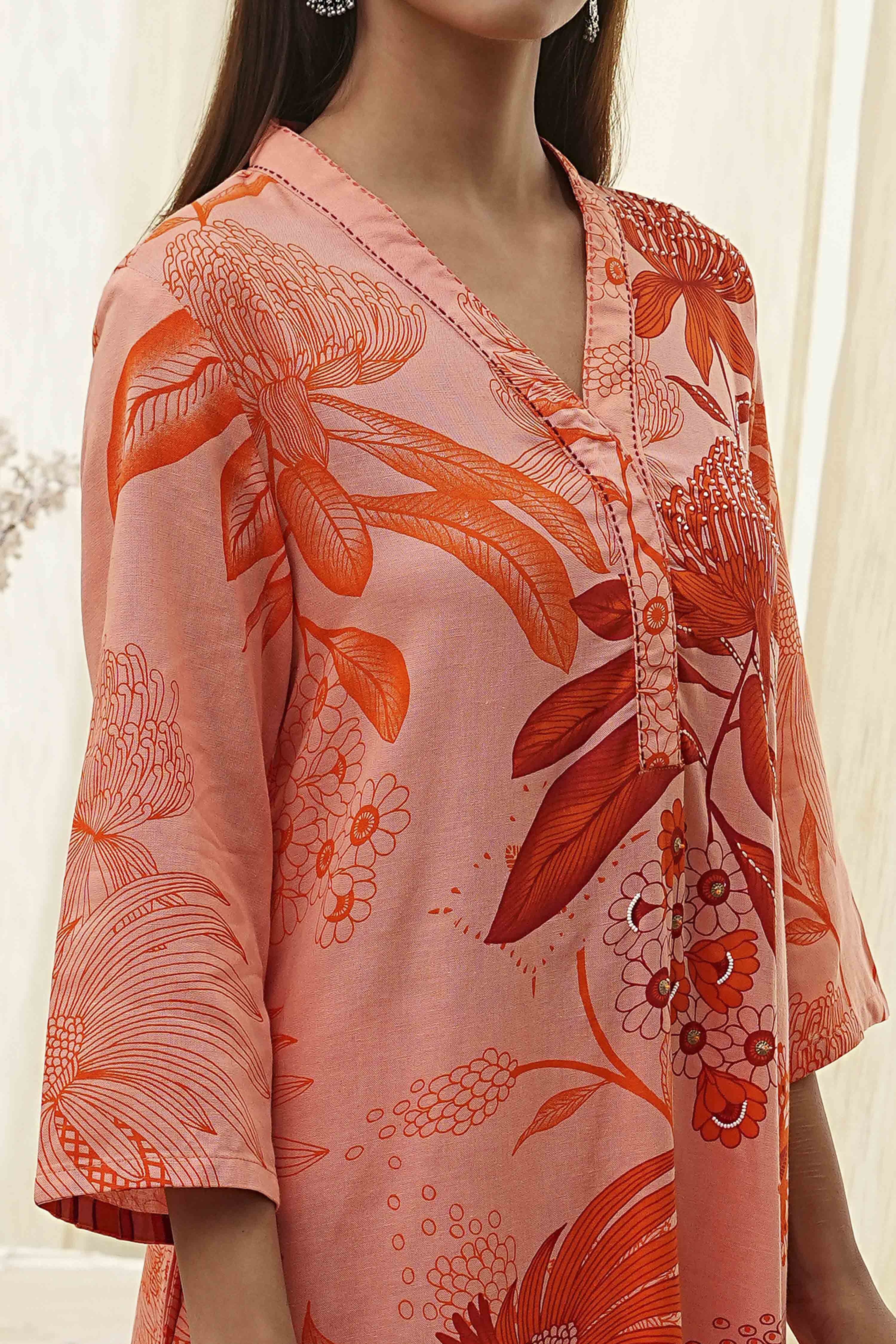 Peach-Colored Floral Straight Kurta Set image number 1