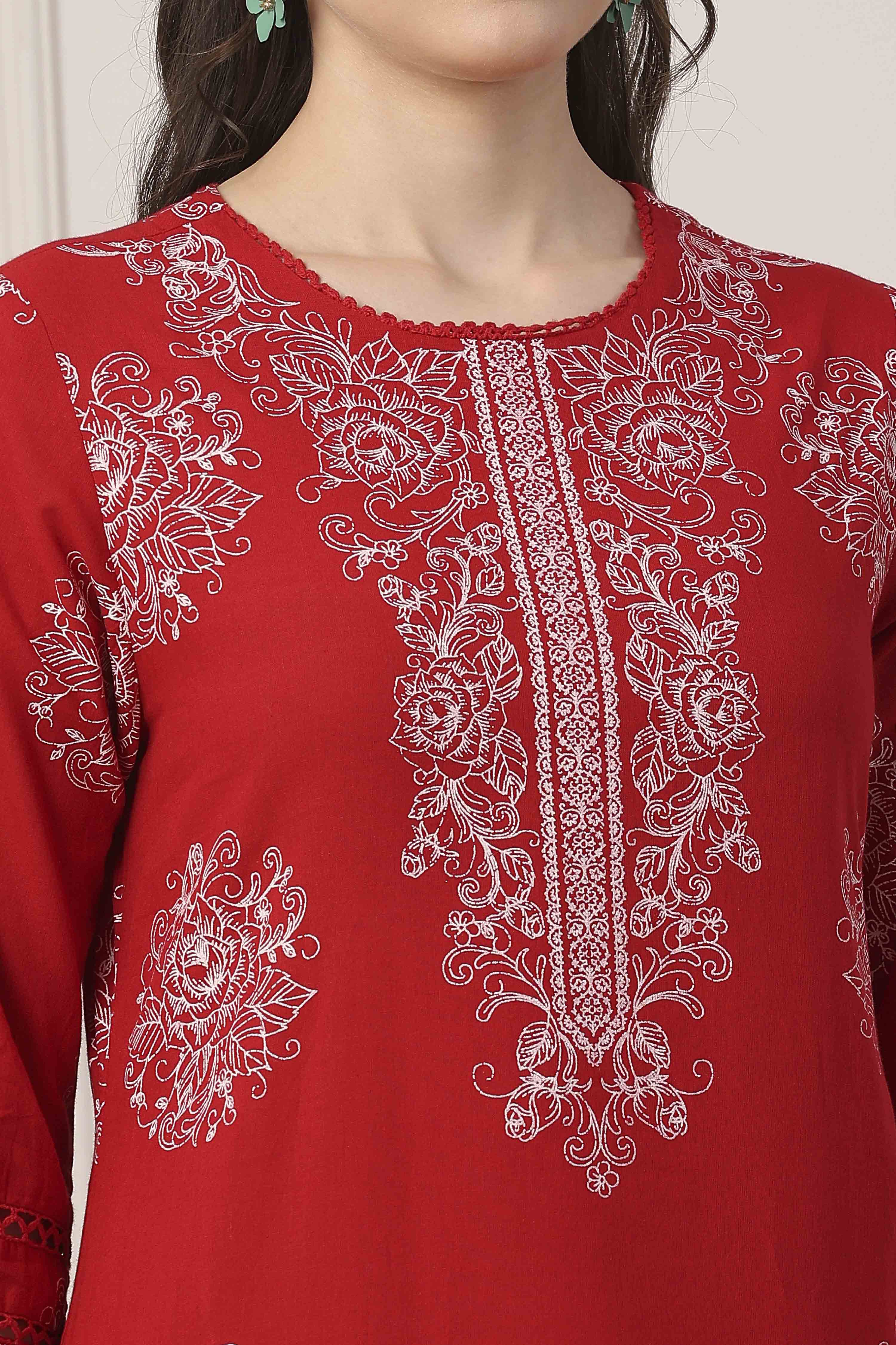 Red Cotton Floral Motifs Straight Suit Set image number 1