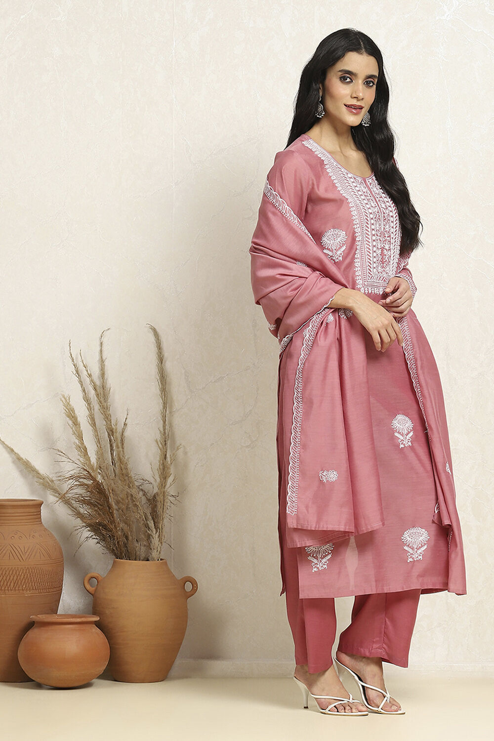 Peach Chanderi Machine Embroidered Unstitched Suit Set image number 6