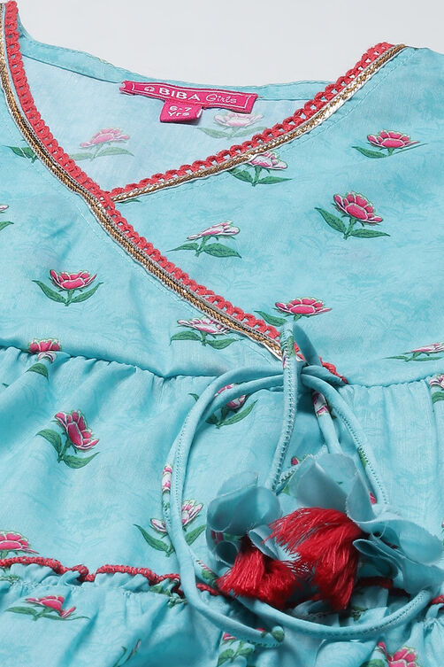 Turquoise Art Silk Straight Printed Kurta image number 1