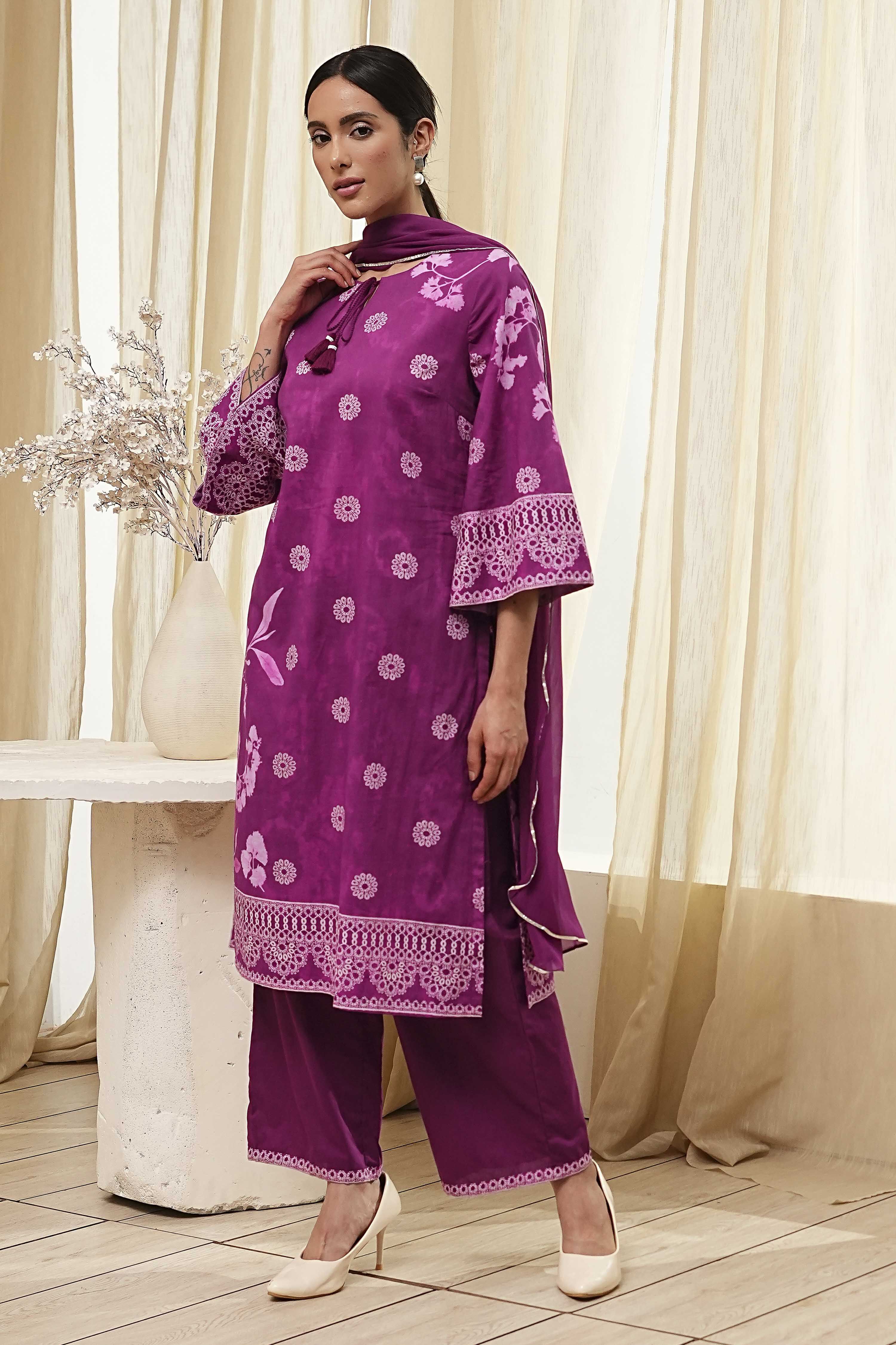 Berry Purple Cotton Straight Suit Set image number 3