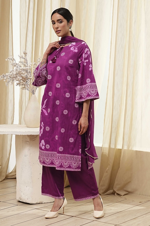 Berry Purple Cotton Straight Suit Set image number 3