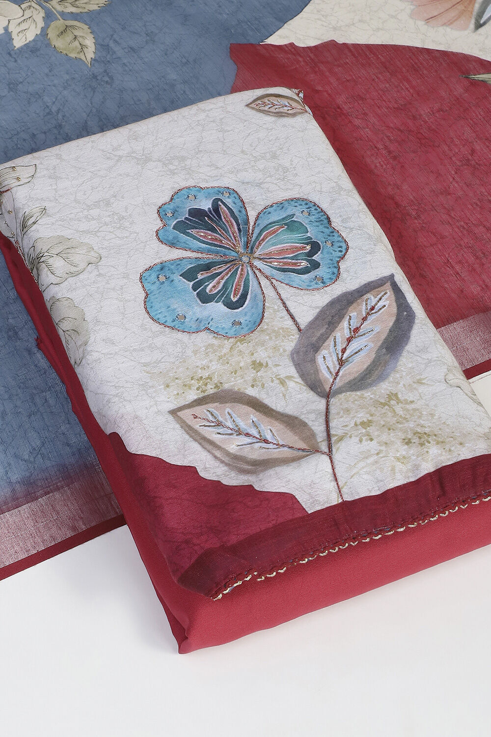 Light Green Linen Embroidered Unstitched Suit Set image number 5