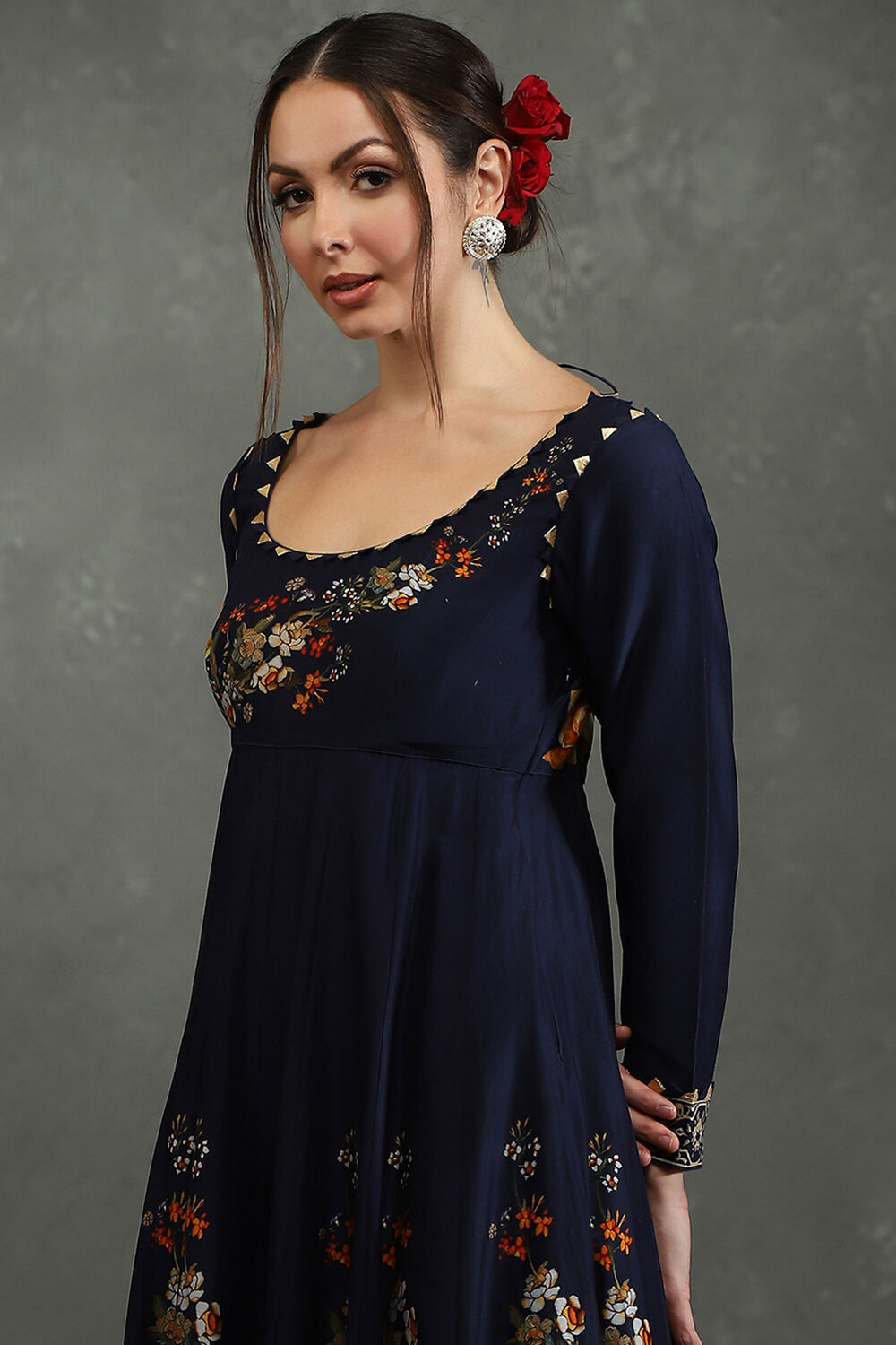 Rohit Bal Indigo Silk Chanderi Floral Anarkali Suit Set image number 1