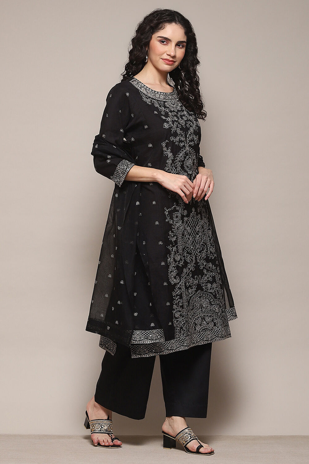Black Cotton Satin Straight Kurta Palazzo Suit Set image number 6