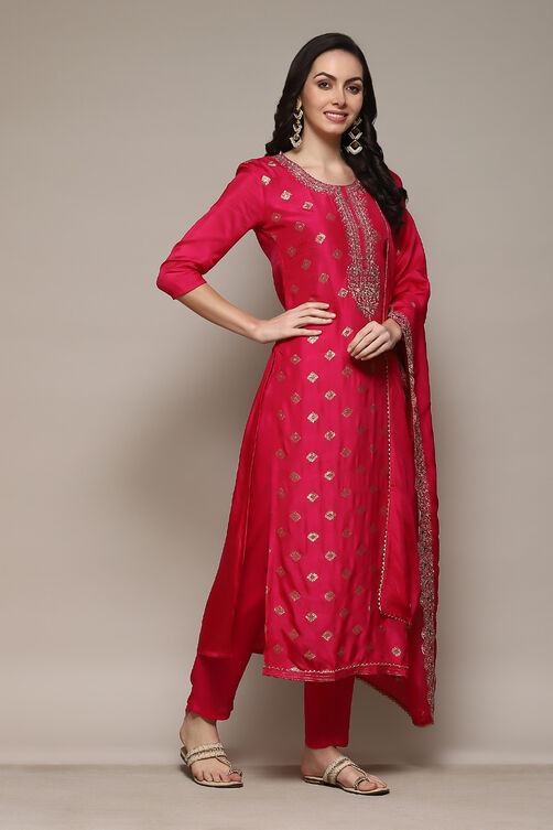 Dark Pink Banarasi Silk Machine Embroidered Unstitched Suit Set image number 7