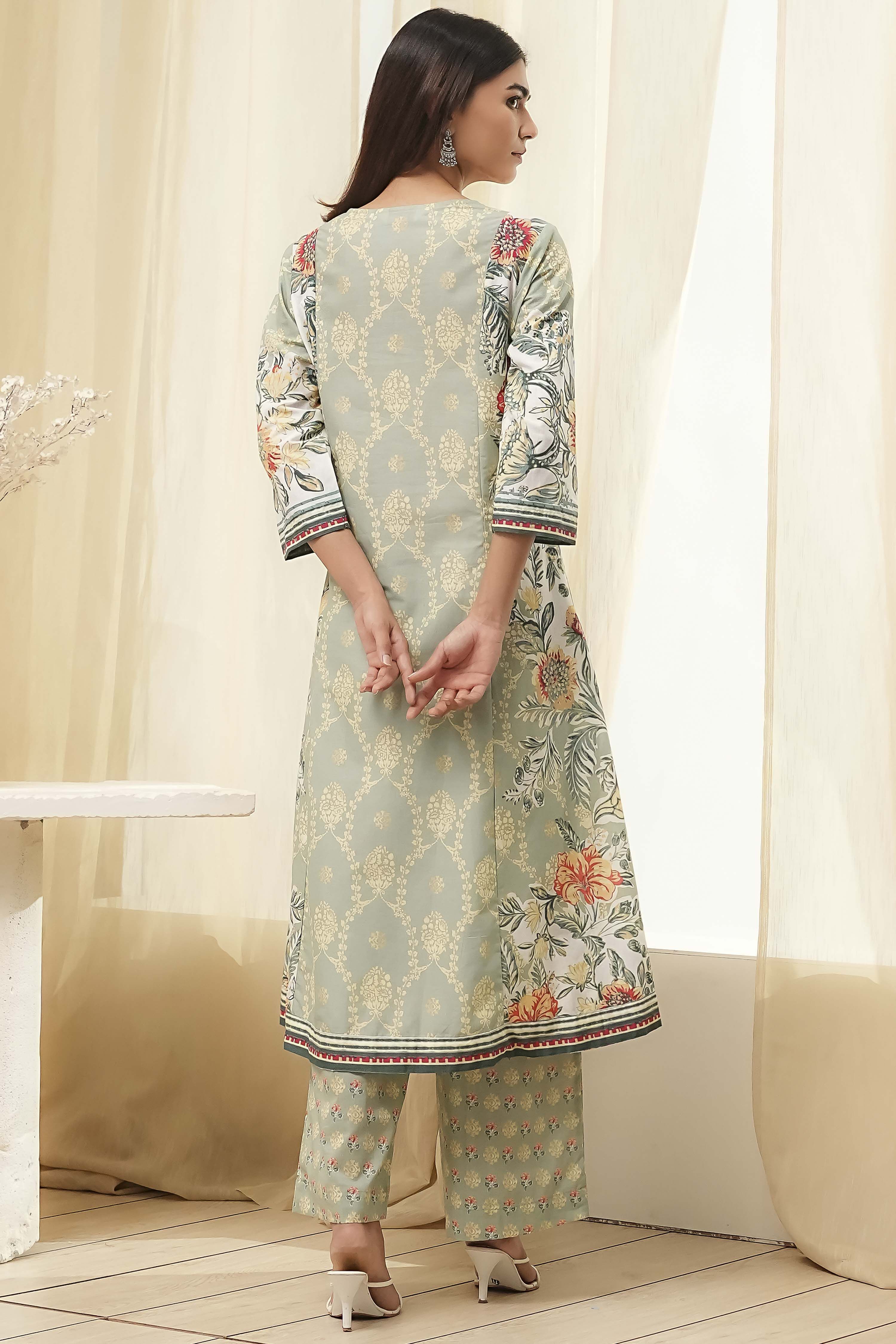 Sage Green Pure Cotton Floral Kalidar Suit Set image number 4