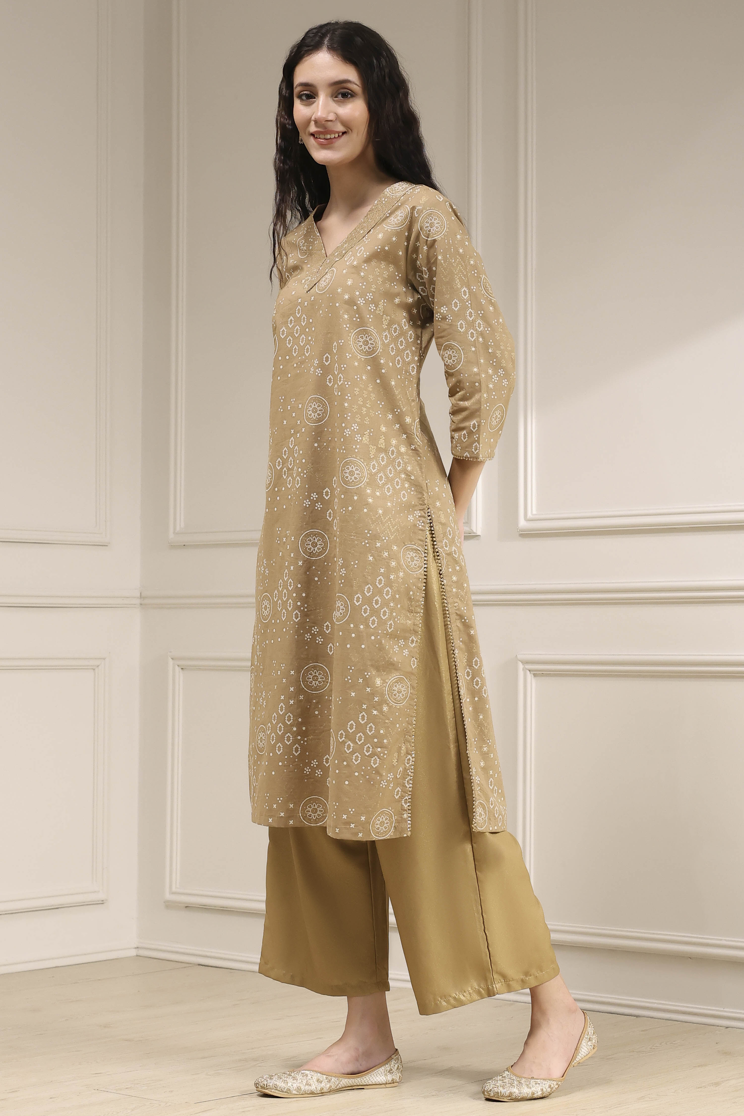 Beige Cotton Printed Straight Kurta image number 2