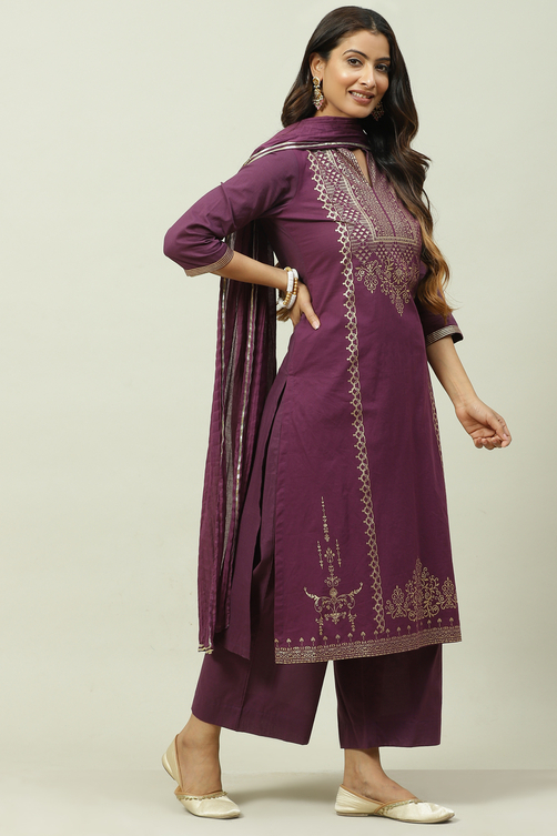 Mustard Printed Cotton Straight Kurta Palazzo Suit Set image number 0