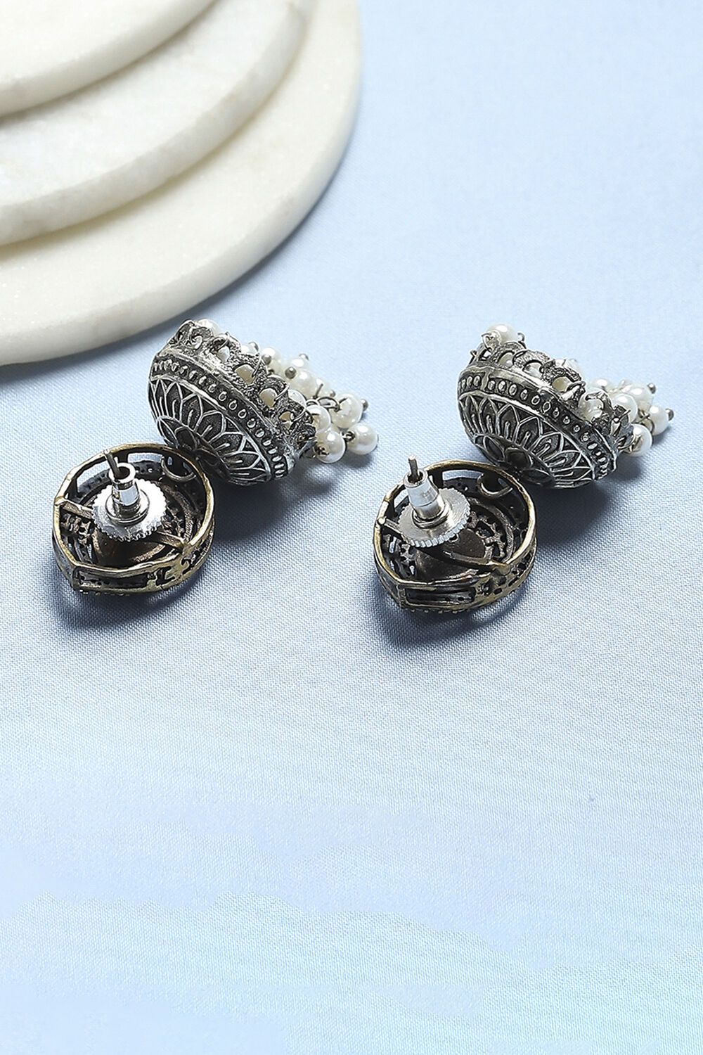 White Stone-Studded Oxidised Jhumkas image number 2