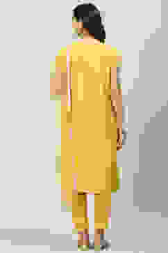 Mustard Art Silk Straight Kurta Slim Pants Suit Set image number 4