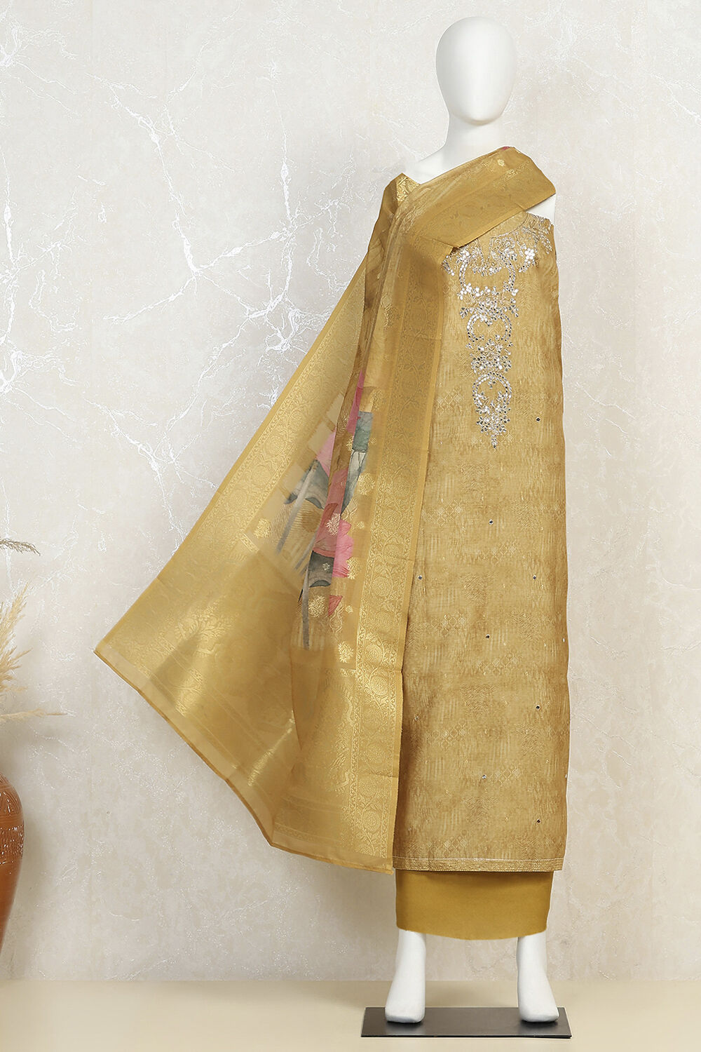 Mustard Yellow Chanderi Printed Unstitched Suit Set image number 4