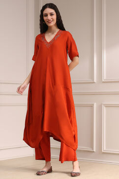 Burnt Orange Dyed Asymmetric Kurta Set image number 6