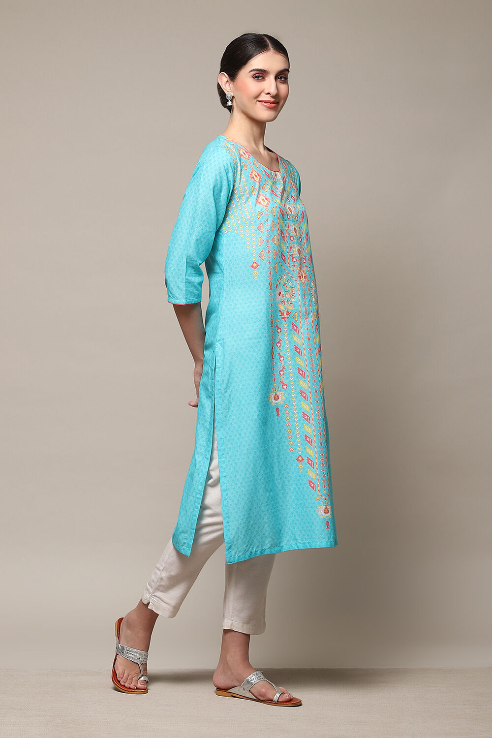 Blue Cotton Straight Printed Kurta image number 3
