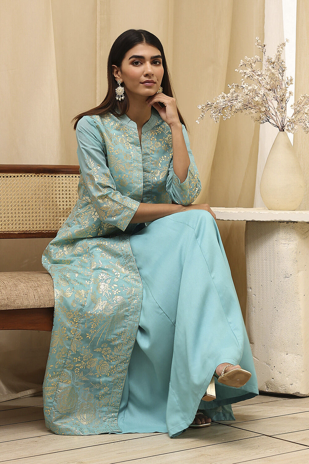 Turquoise Printed Layered Cape Dress image number 1