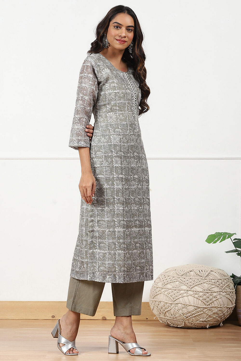 Brown Linen Blend Printed Unstitched Suit Set image number 5