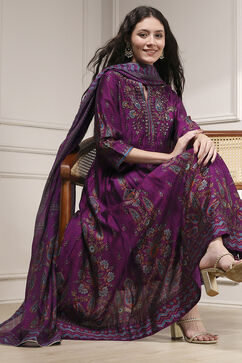 Purple Viscose Kalidar Printed Suit Set image number 6