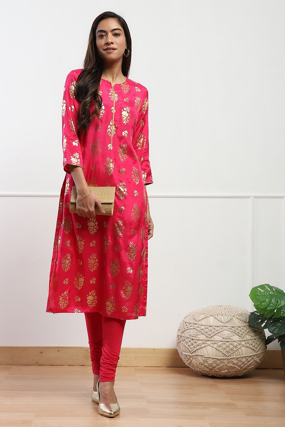 Fuschia Cotton Blend Solid Churidar image number 0