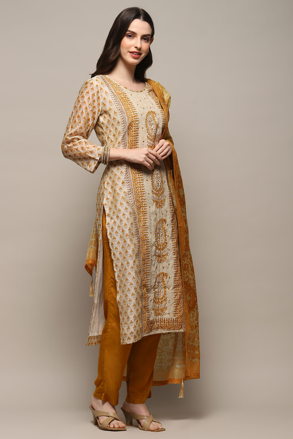 Beige Pink Chanderi Unstitched Suit set image number 7