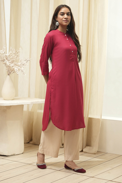 Cherry Red Rayon Straight Kurta Palazzo Suit Set image number 5