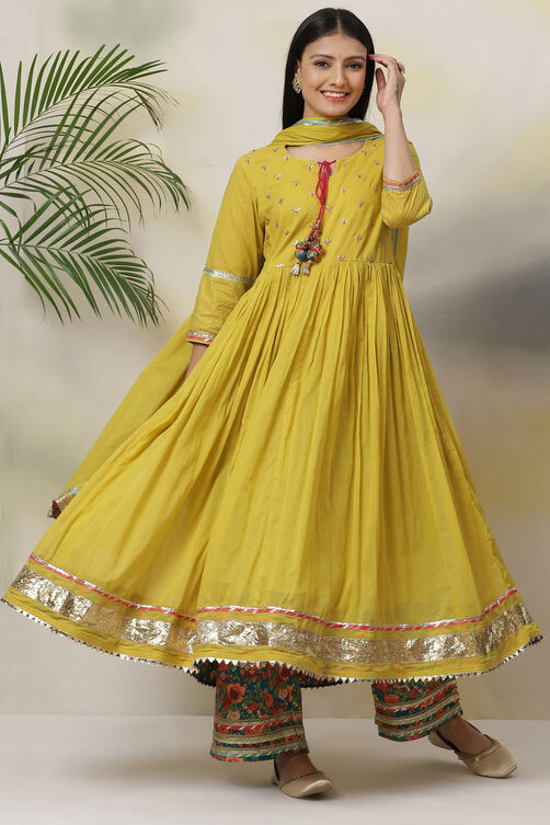 Lime Green Cotton Anarkali Kurta Palazzo Suit Set