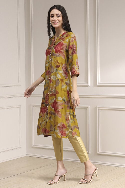 Yellow Floral Printed Straight Kurta image number 2
