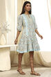 Blue Cotton Floral Printed Tiered Dress image number 4