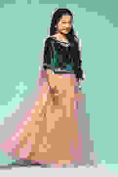 Teal & Pink Viscose Flared Solid Lehenga Set image number 6