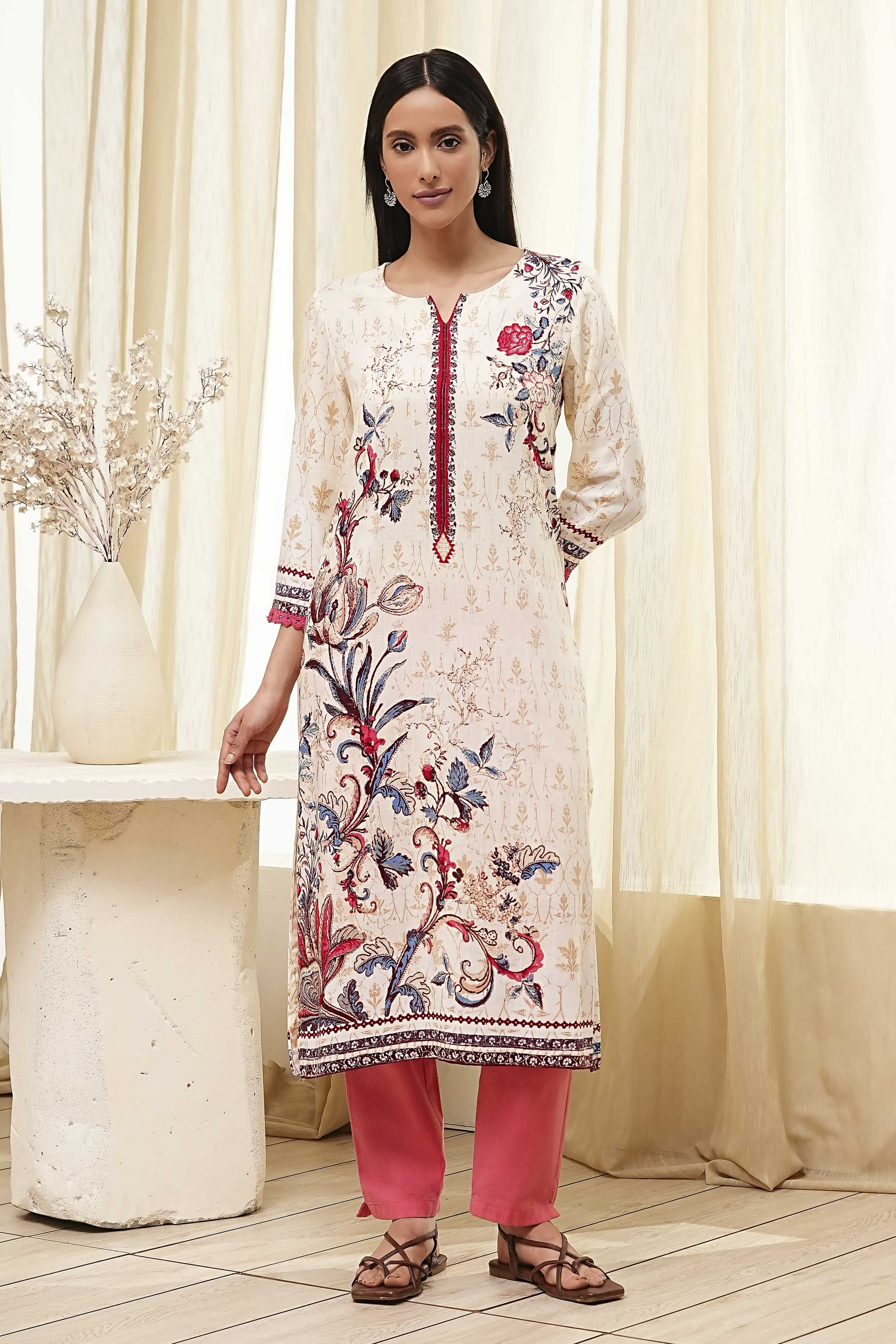 Ecru Floral Printed Straight Kurta image number 5