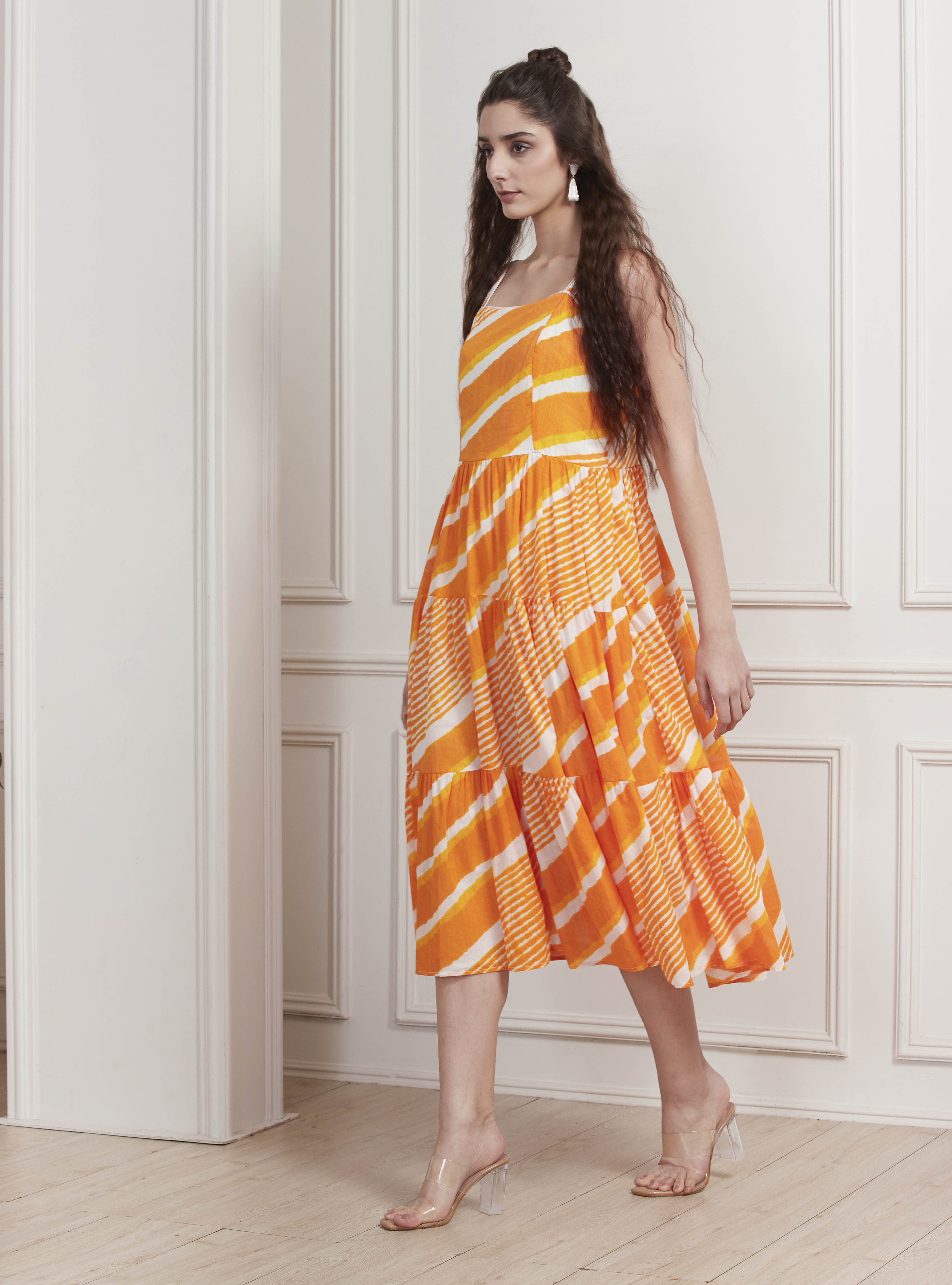 Yellow Cotton Printed Tiered Dress image number 2