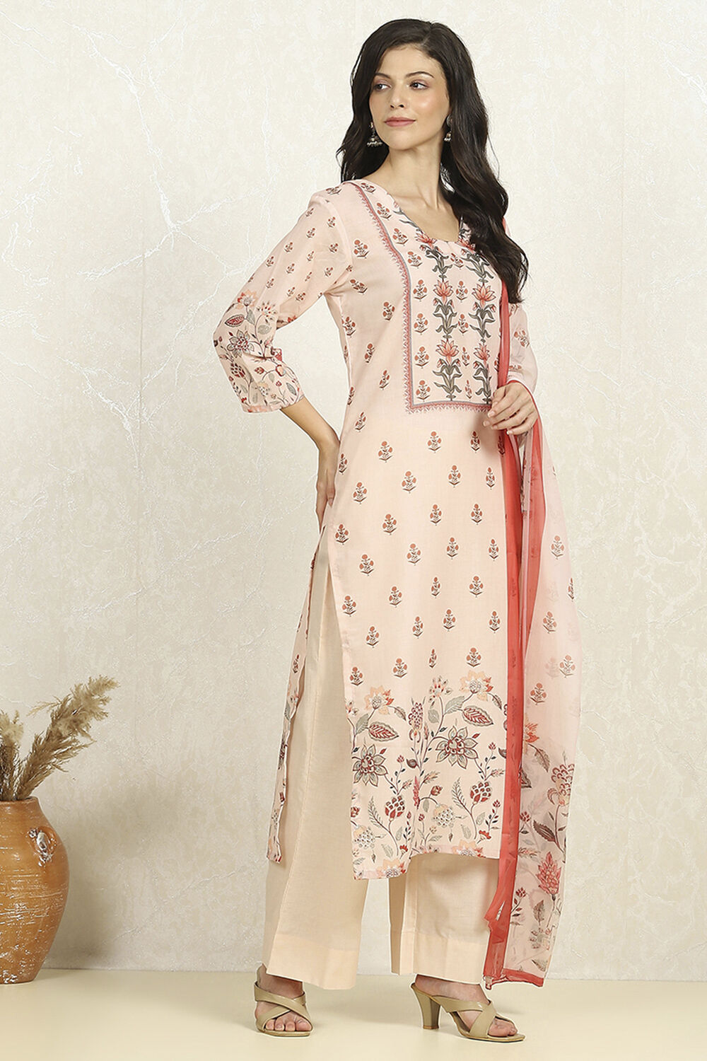 Cream-Colored Cotton Digital Printed Unstitched Suit Set image number 6
