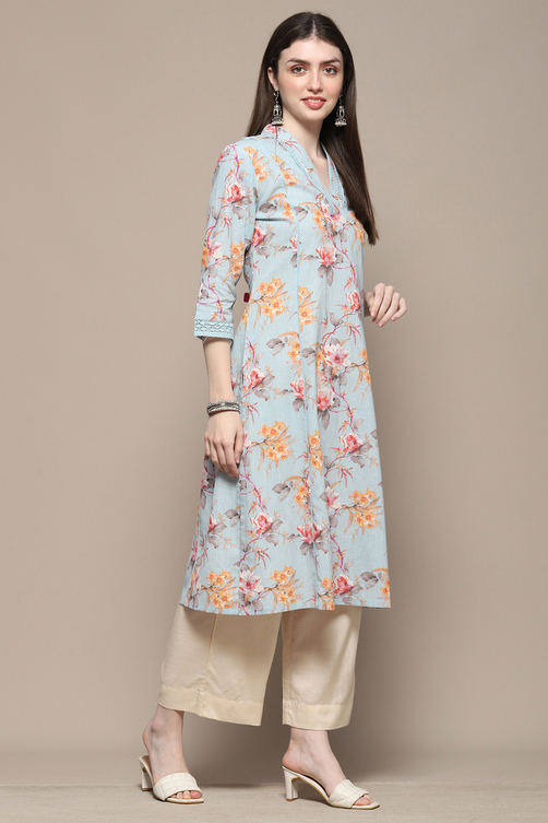 Turquoise Blue Floral Printed Straight Kurta image number 5