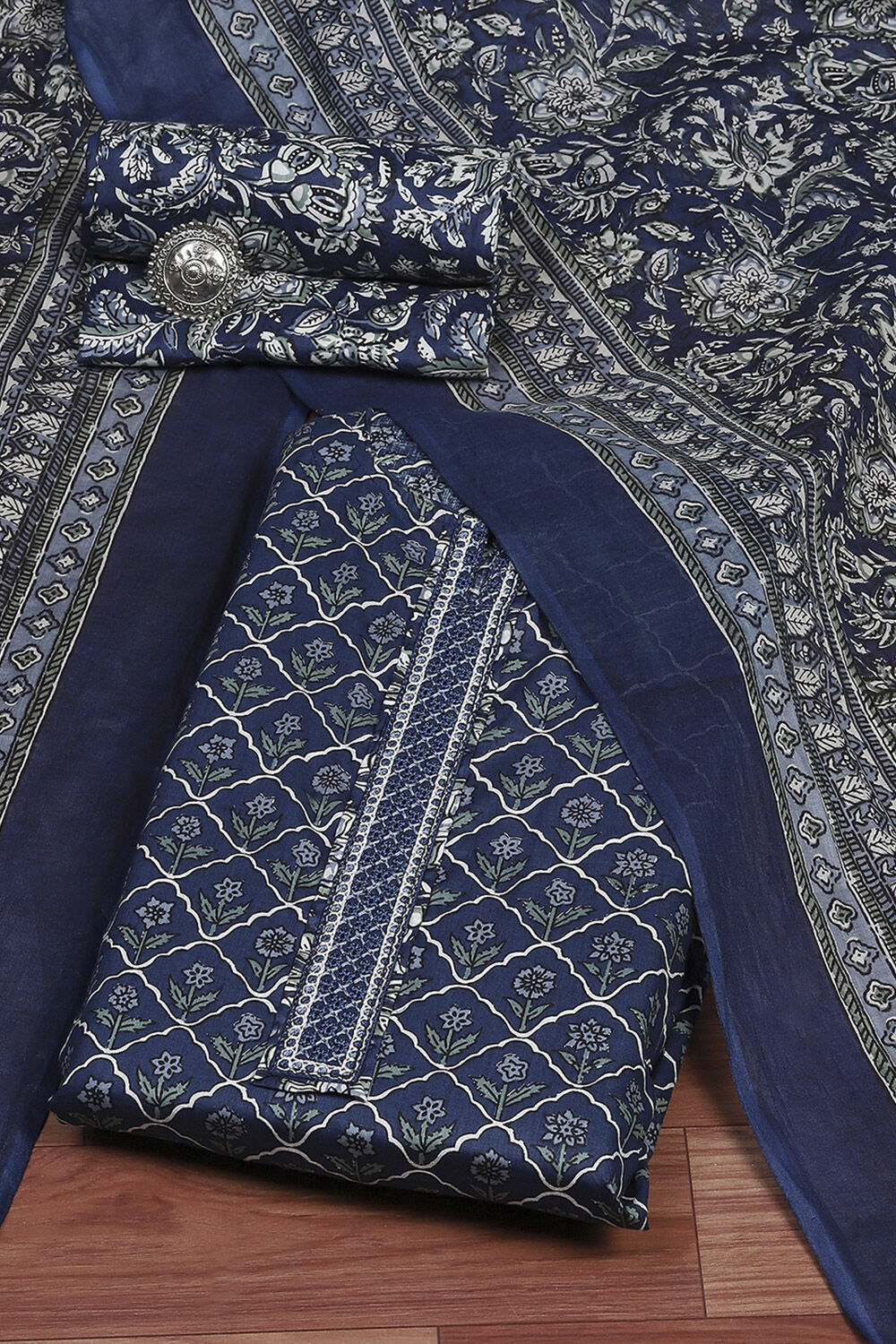 Blue Cotton Printed Unstitched Suit Set image number 0