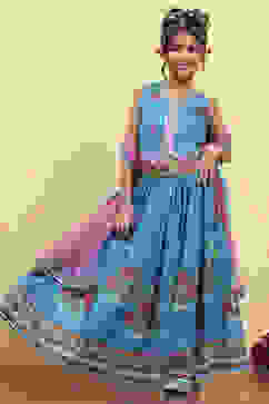 Blue Cotton Printed Straight Lehenga Set image number 6