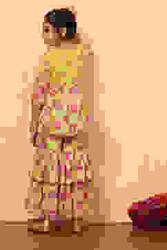 Lime Green Poly Georgette Floral Gathered Flared Suit Set image number 4