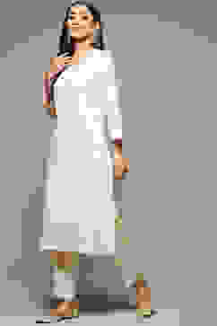 Off White Cotton Straight Kurta image number 5
